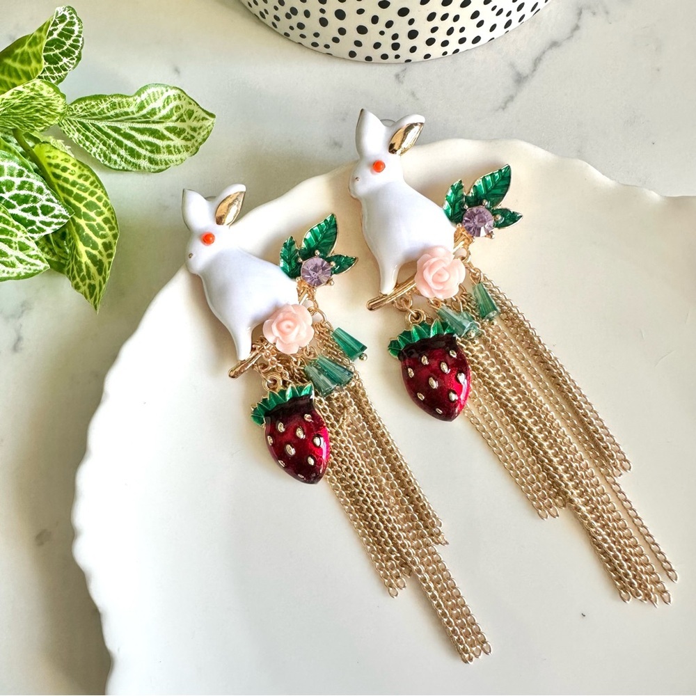 2/$30🌵 White Rabbit Gold Tassel Strawberry Flowers Earrings Kawaii Jewelry NEW